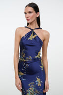 Dark blue silk halter dress with gold floral tapestry print, ruched waist