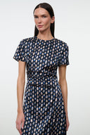 Silk midi dress, navy blue with multicolor print, belted waist, short sleeves