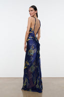 Dark blue silk halter maxi dress with gold botanical print, open back straps