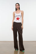 Dark brown wide-leg trousers, high-rise with side pockets and belt loops