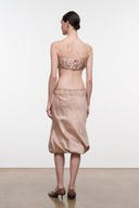 Sandrose silk midi skirt with ruched elastic waistband, back view