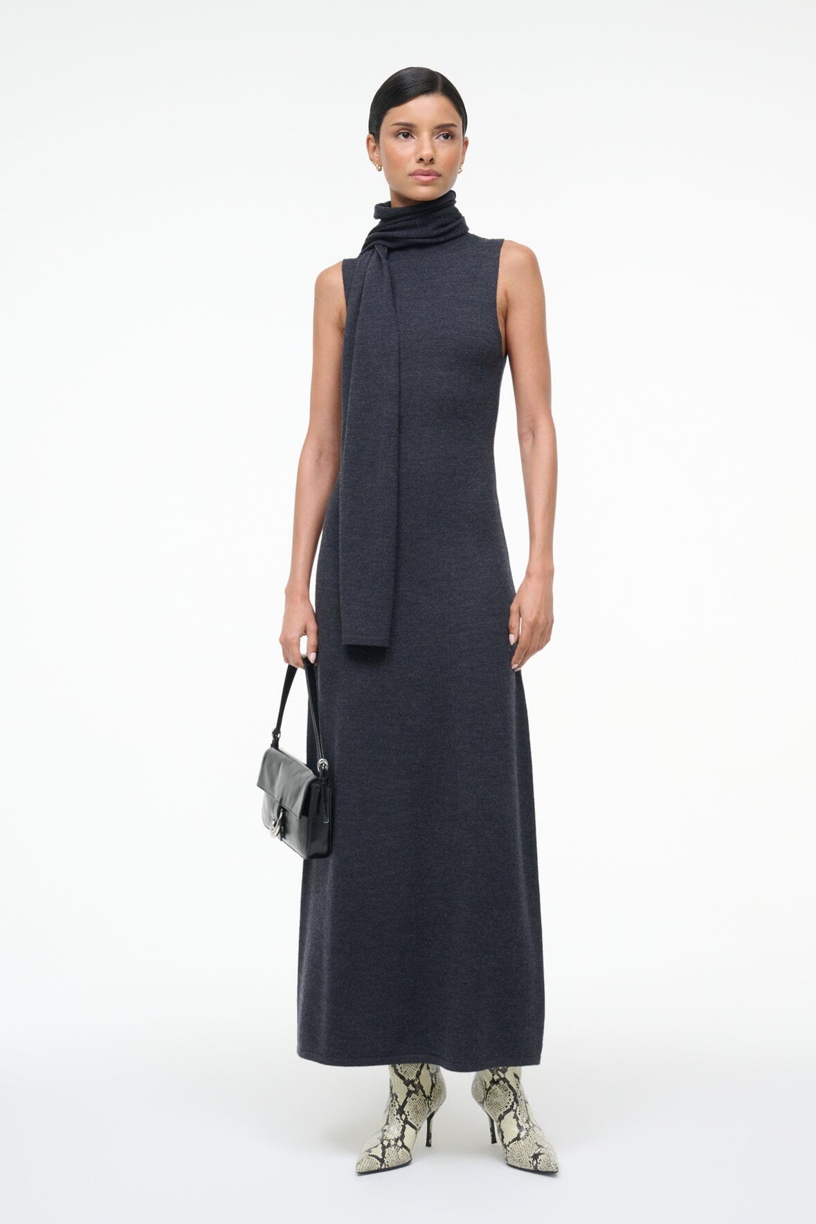 Image CANAL MIDI DRESS | CHARCOAL 1 of 8 and Clicking this image will trigger a zoom pop-up