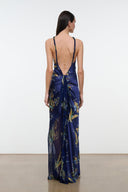Dark blue silk halter maxi dress with gold tapestry print, open back and tie