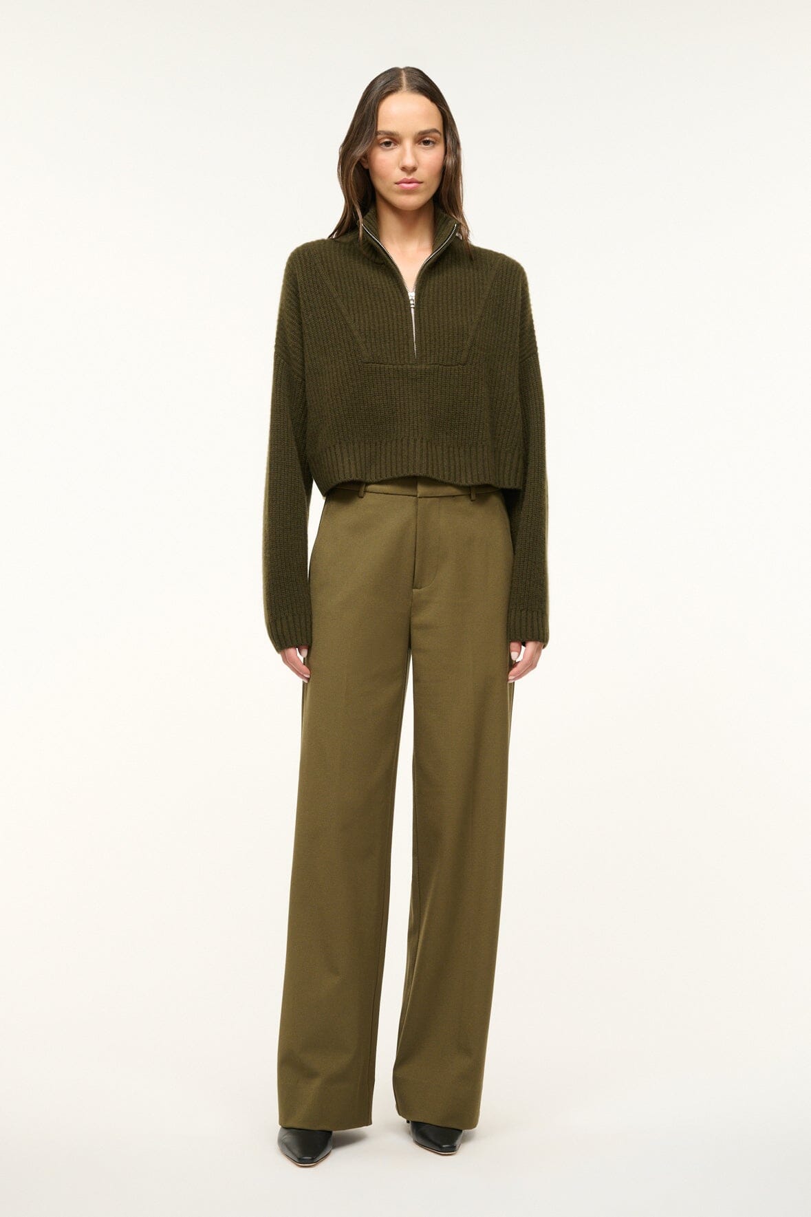 Image CASHMERE CROPPED HAMPTON SWEATER | OLIVE 2 of 4 and Clicking this image will trigger a zoom pop-up