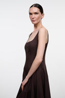 Dark brown sleeveless midi dress, side view, square neckline and fitted bodice