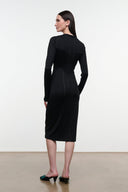 Black fitted midi sheath dress, long sleeves, rounded back neckline