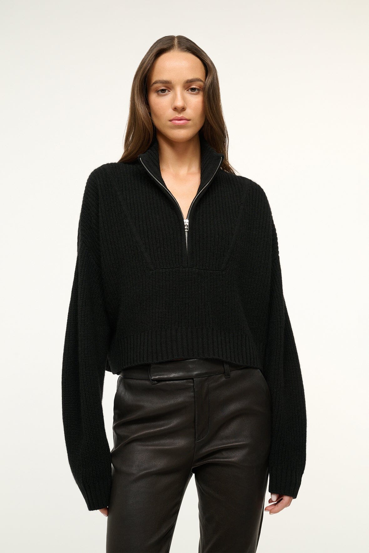 Image CASHMERE CROPPED HAMPTON SWEATER | BLACK 1 of 4 and Clicking this image will trigger a zoom pop-up