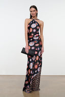 Silk halter maxi dress with multicolor swirl and circle print, side view