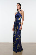 Dark blue silk halter dress with gold floral tapestry print, tied halter neckline