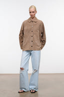JOSETTE suede shirt in DUNE brown, full front with pointed collar and buttons