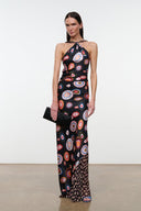 Silk halter maxi dress in multicolor circular paisley print, front view
