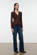 Jamie top dark brown V-neck button front, long sleeves, peplum hem