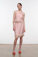 Pink sleeveless sheer top-dress with feather fringe hem and slim silhouette