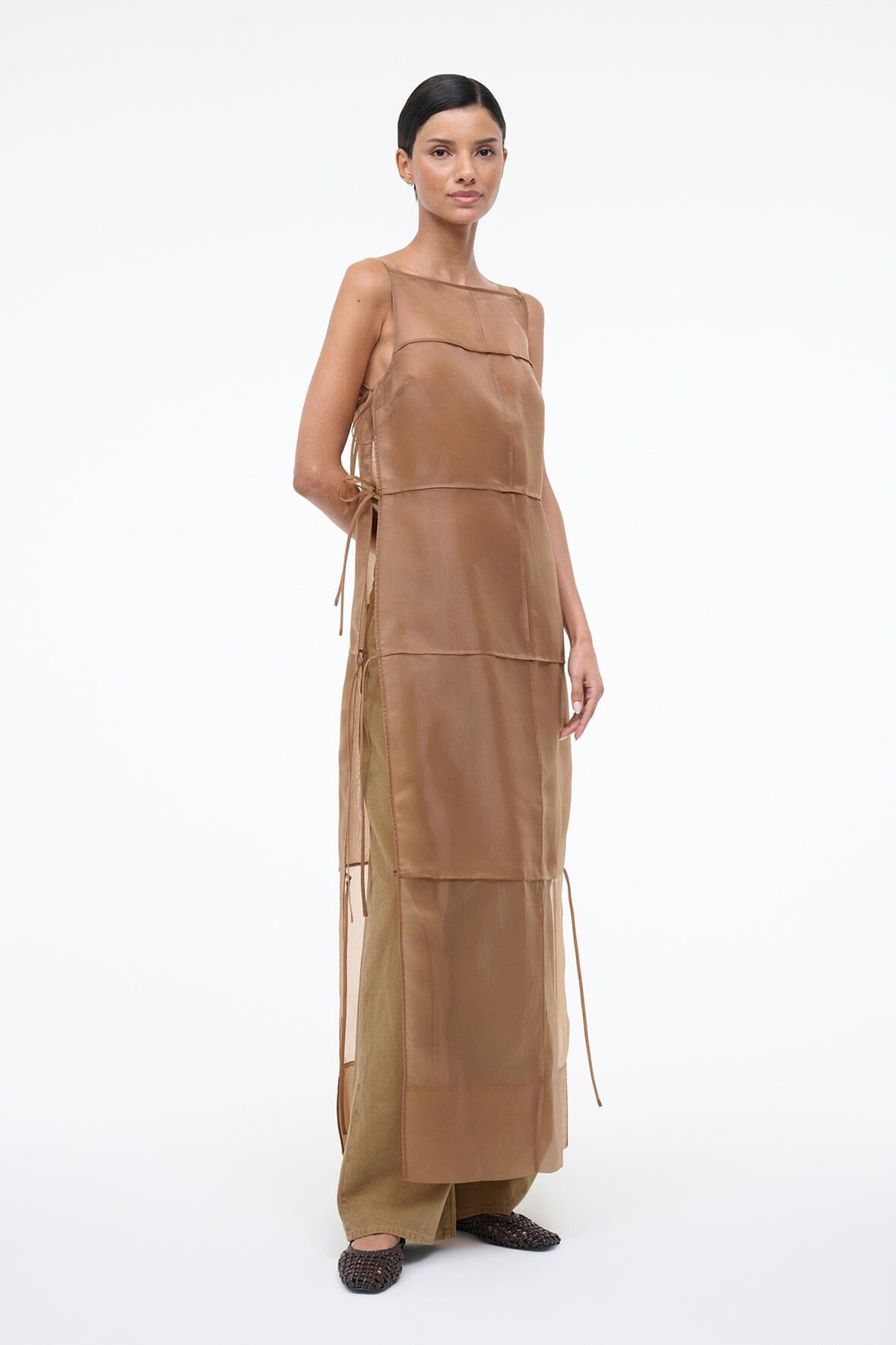 staud chandler tie-detailed organza midi dress Staud Chandler Tie-Detailed Organza Midi Dress - Brown - 30% Off