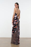 Silk halter maxi dress open-back detail, multicolor circular print on dark base