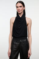 MONAY black halter bodysuit with draped cowl neckline, sleeveless front