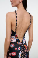Silk halter dress open-back tie detail with multicolor circular paisley print
