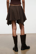 Dark brown skirt with asymmetrical flared hem and frayed edge