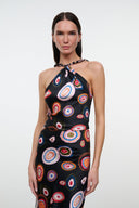 Silk halter dress with multicolor circular paisley print, front close-up