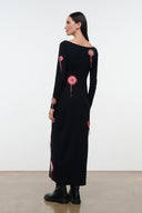 Black maxi dress with back view and dreamcatcher embroidery on sleeves