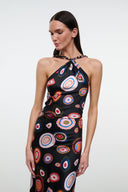 Silk halter dress on black base with multicolor circular paisley print