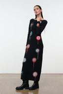 Black long maxi dress with multicolor dreamcatcher embroidery all over