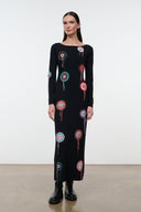 Black long-sleeve maxi dress with colorful dreamcatcher embroidery, straight fit