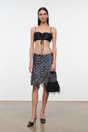 Black bandeau silk top with ruffled neckline and adjustable tie straps