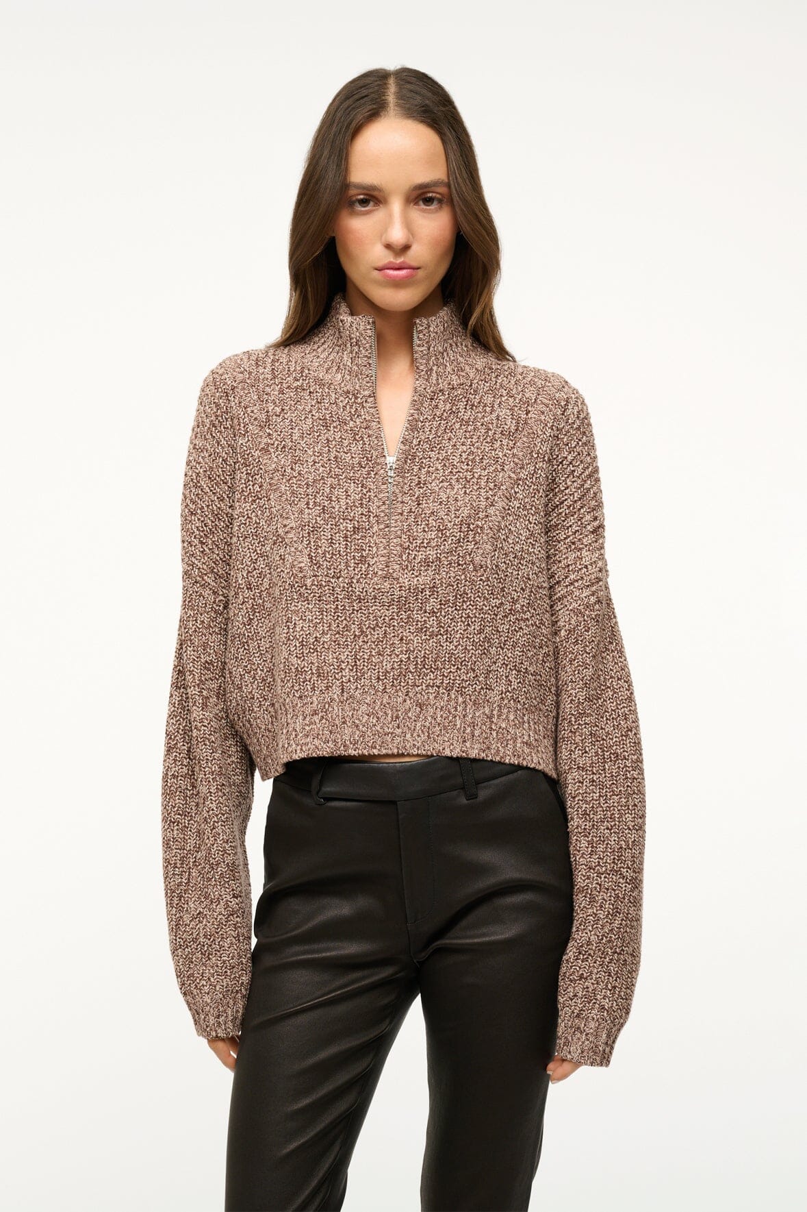 Image CROPPED HAMPTON SWEATER | MOCHA MELANGE 1 of 4 and Clicking this image will trigger a zoom pop-up