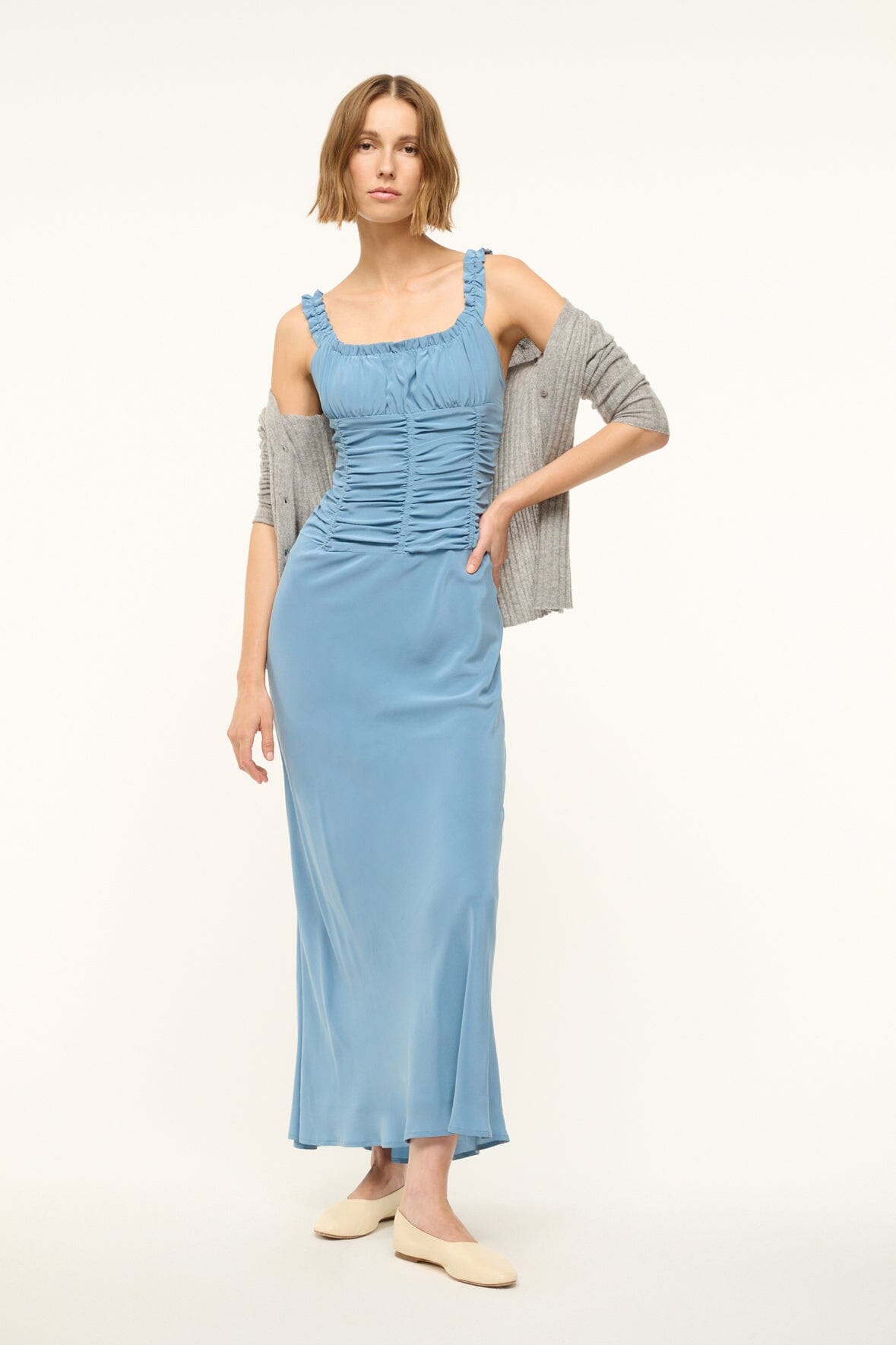 Image NIC SILK MAXI DRESS | SLATE BLUE 3 of 6 and Clicking this image will trigger a zoom pop-up