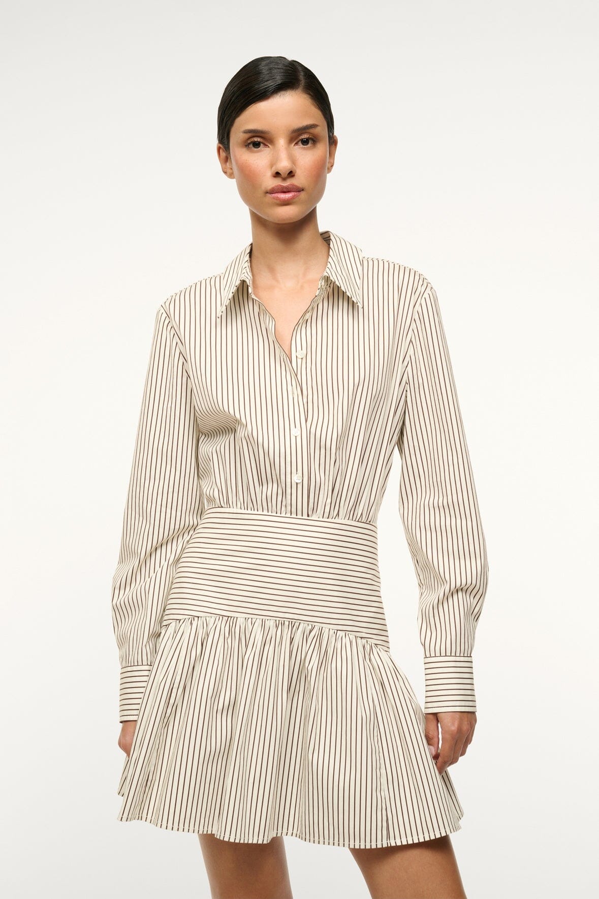 Image ROCCO MINI DRESS | IVORY DARK OAK MICRO STRIPE 3 of 5 and Clicking this image will trigger a zoom pop-up