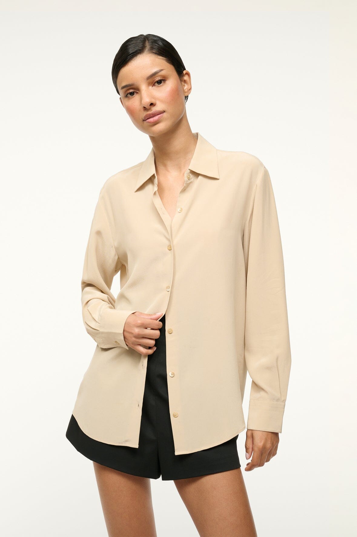 Image ROXBURY SILK SHIRT | STONE 2 of 6 and Clicking this image will trigger a zoom pop-up