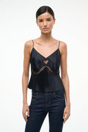 Black satin camisole top with spaghetti straps, heart applique, and angled bust seams