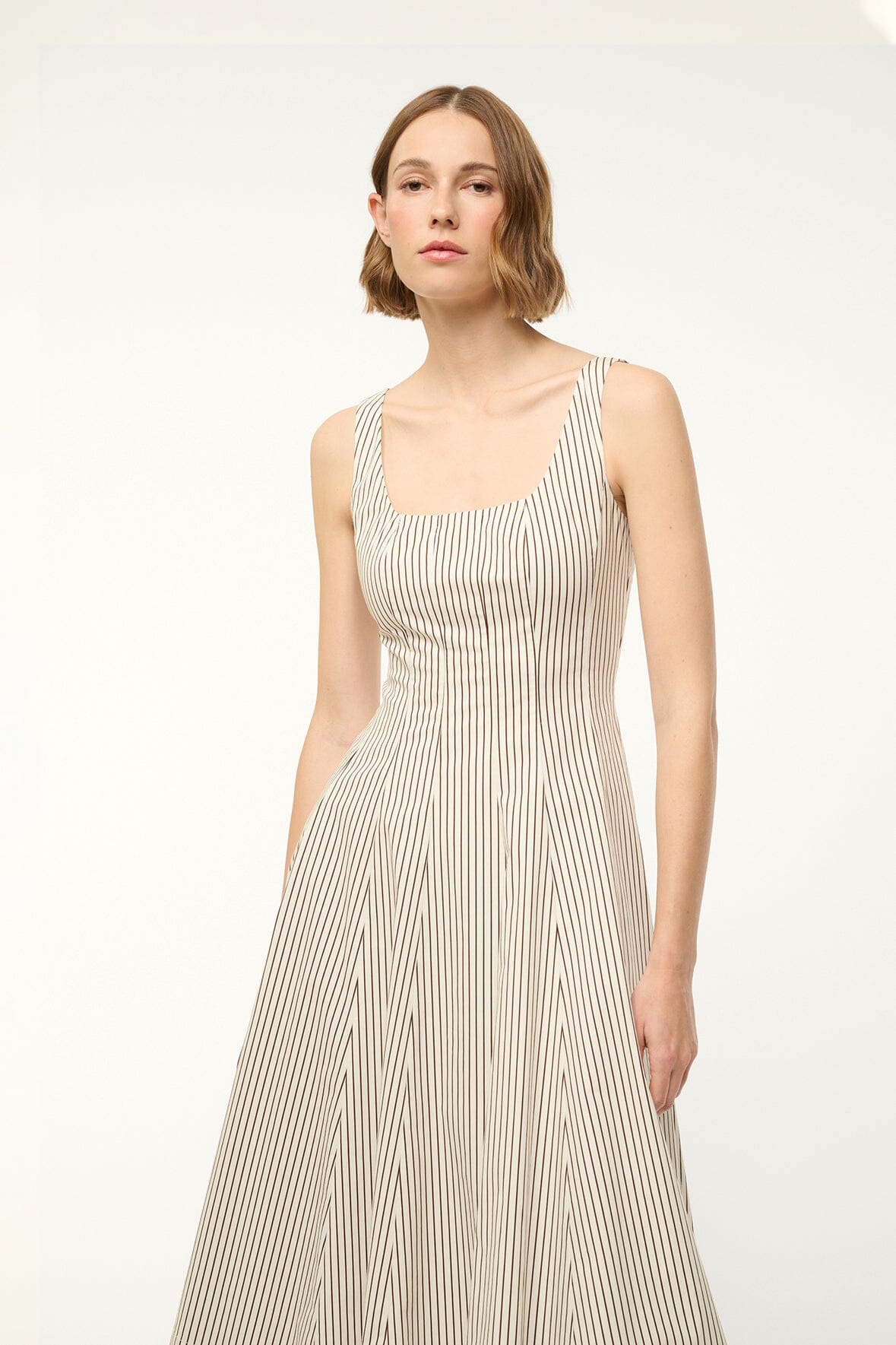 Image WELLS DRESS | IVORY DARK OAK MICRO STRIPE 2 of 6 and Clicking this image will trigger a zoom pop-up