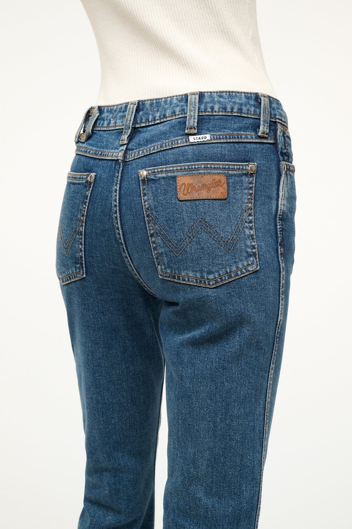 Image STAUD + WRANGLER THE CROPPED BOOT JEAN | INDIGO WASH 5 of 6 and Clicking this image will trigger a zoom pop-up