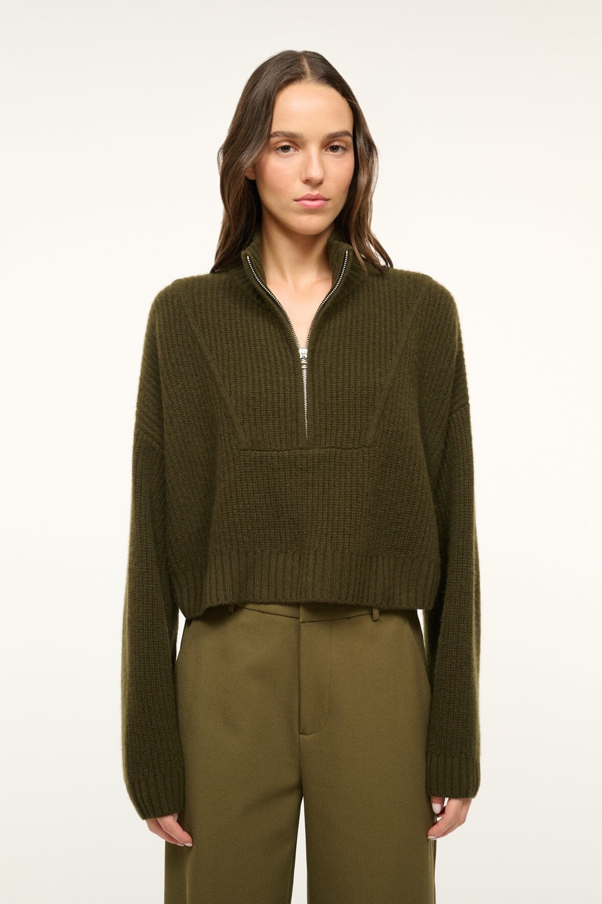 Image CASHMERE CROPPED HAMPTON SWEATER | OLIVE 1 of 4 and Clicking this image will trigger a zoom pop-up