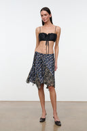 Silk skirt in navy with scattered multicolor dots, layered mid-calf ruffle hem