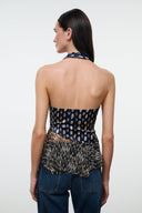MAEVA silk halter top with open-back design and navy multicolor print