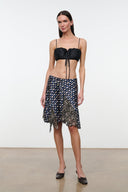 Black silk bustier-style bandeau with gathered cups and tie details