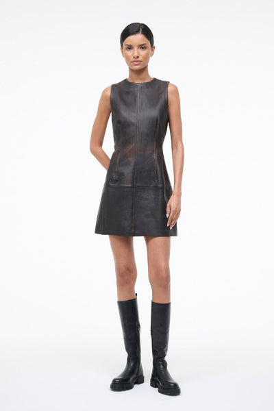 STAUD, Binx Leather Dress in Distressed Brown, Size 14