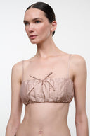 Sandrose silk bandeau top with bow detail, spaghetti straps, and ruched bust