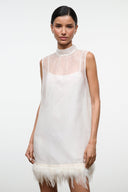 Ivory mini dress with high neck sheer overlay and feather trim