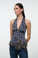 MAEVA silk halter top with navy multicolor print and scalloped fringe hem