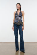 MAEVA silk halter top with navy multicolor print and tiered fringe hem