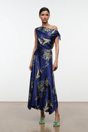 Navy silk midi dress with off-shoulder drape and gold floral tapestry print