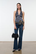 MAEVA silk halter top with navy multicolor print and fringe hem