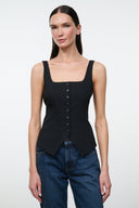 Black sleeveless square-neck tank with front button placket and fitted waist
