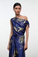 Navy silk off-shoulder dress with draped detail and gold floral tapestry print