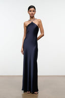 Navy satin halter evening dress front view with draped skirt