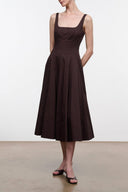 Earth brown sleeveless midi dress with square neckline and fitted waist flare skirt